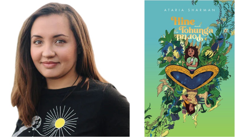 Picture of author Ataria Sharman and the cover of her book, 'Hine and the Tohunga Portal'.
