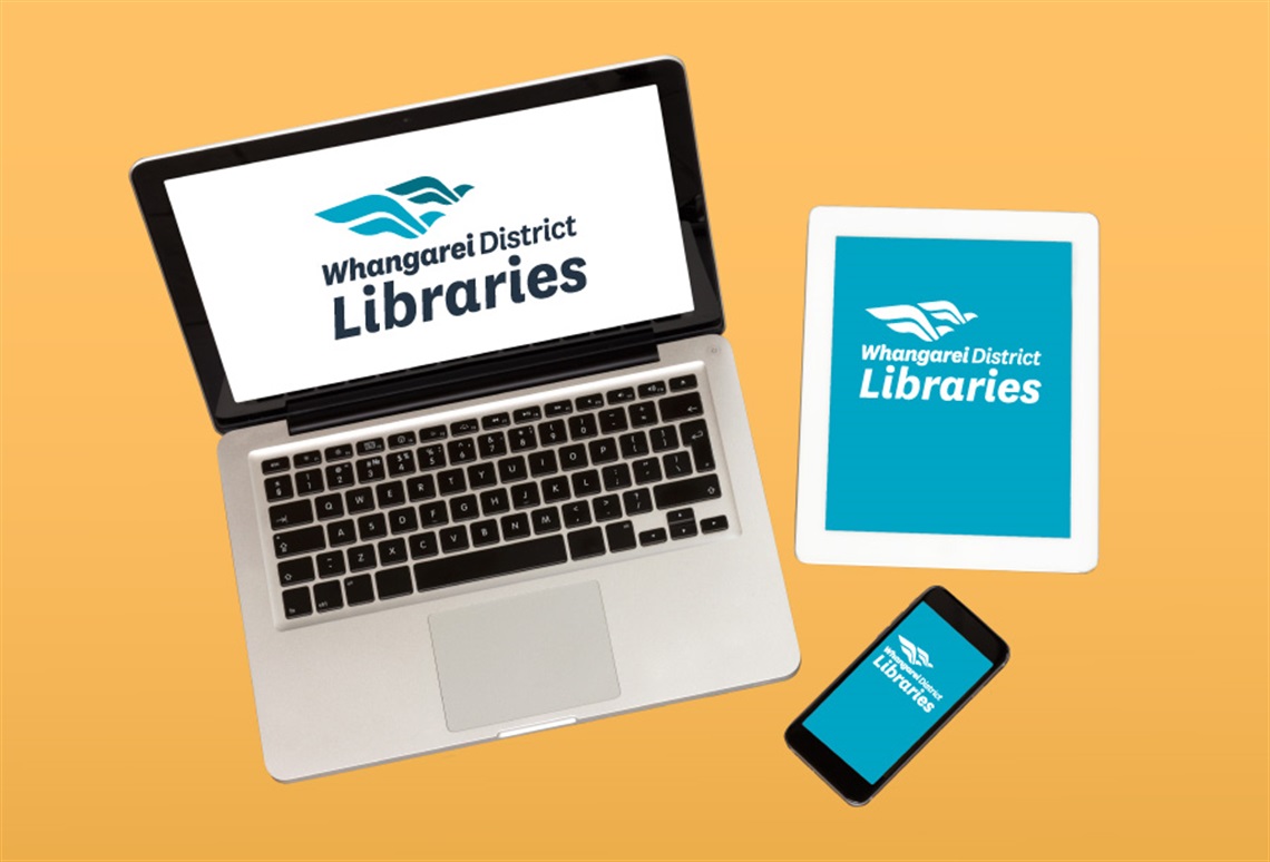 Picture of a laptop computer, tablet and a smart phone showing Whangarei District Libraries logo on their screens. 