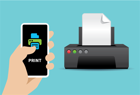 Picture of a smart phone with a print icon on its screen and a desktop printer. 