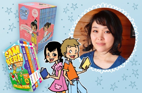 Picture of children's books illustrator Aki Fukuoka with the Billei B Brown and Sam Kerr books series. 