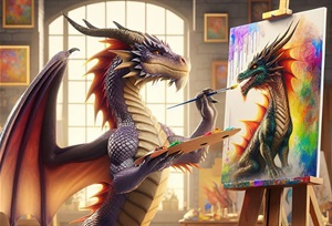 Picture of a dragon painting a portrait of dragon in an artist's studio. 