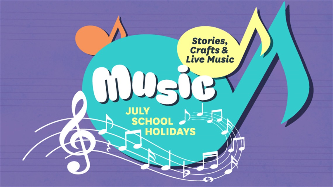 Music school holiday programme banner with music notes design. 