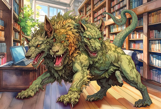 A Cerberus, a mythical gigantic dog-like creature with 3 heads in a library. 