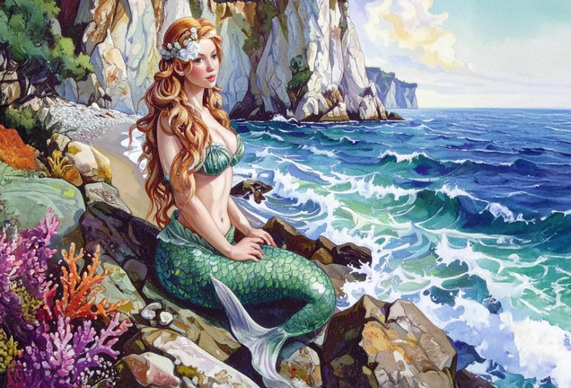A Mermaid, a mythical woman that has the lower body and tail of a fish, sitting on rocks beside a beach. 