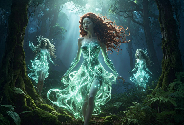 Three Patupaiarehe, mythical fairy-like beings with fair and reddish hair and pale skin and glowing skirts walking in the bush.