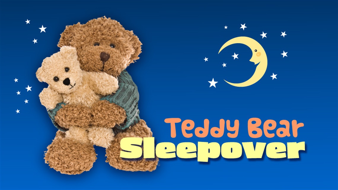 Teddy Bear Sleepover banner with a large teddy holding a smaller teddy and the moon and stars in the background. 
