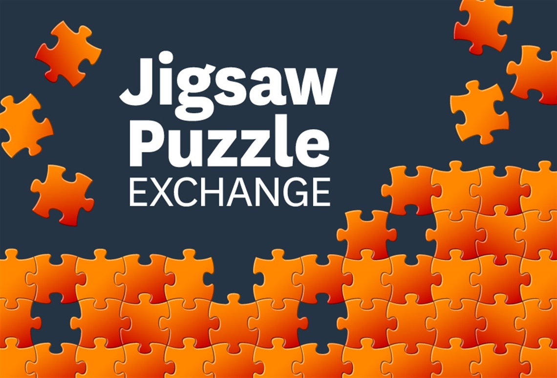 the words Jigsaw Puzzle Exhchange surrounded by orange jigsaw pieces.