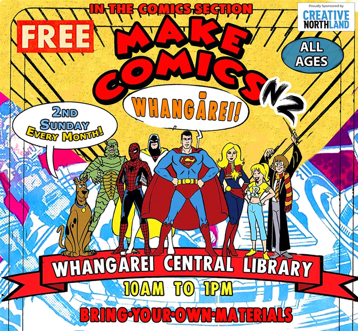 Make Comics Whangārei event banner showing a group of comic book superheroes. 