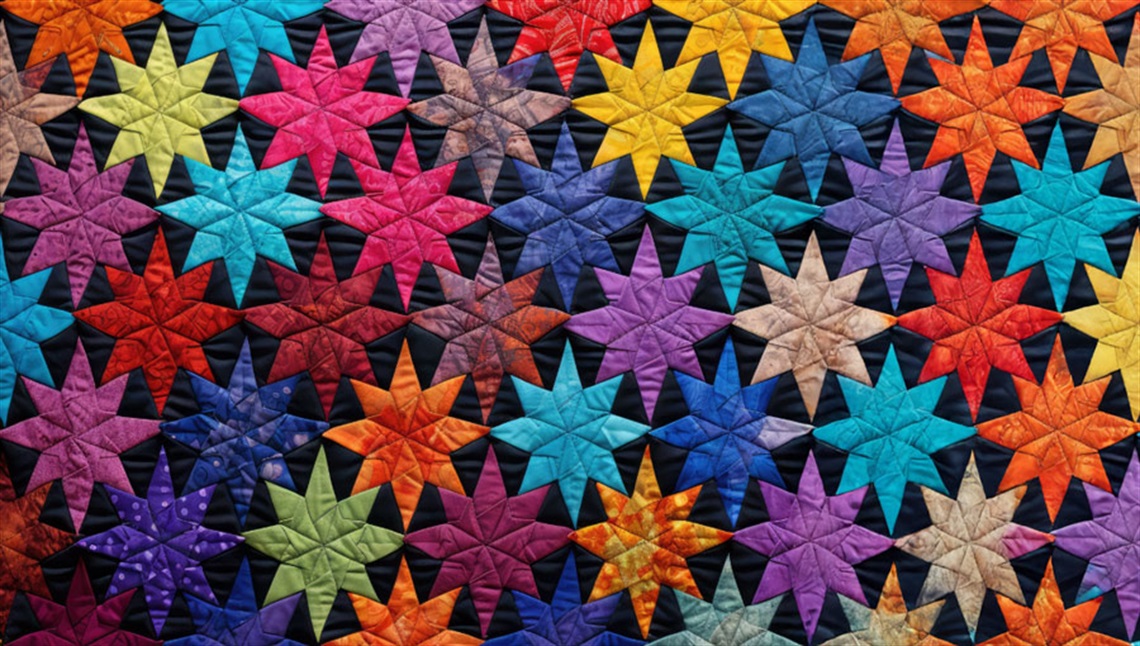 Patchwork quilt of with colourful star shapes. 