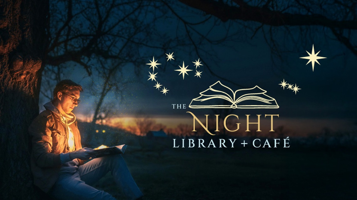 The Night Library and Café logo with a man reading a book under a tree at dusk. 
