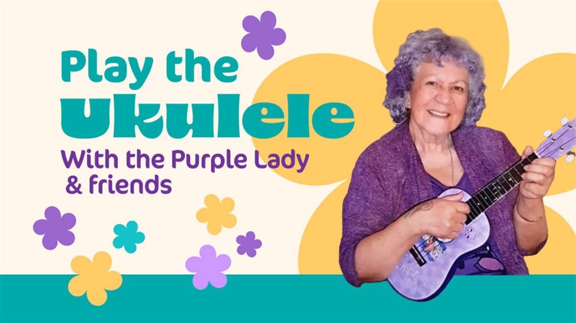 Ukulele workshops banner with a photo of the Purple Lady. 