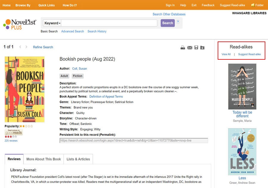 Picture of Novelist Plus showing a book's details and Read-alikes panel. 