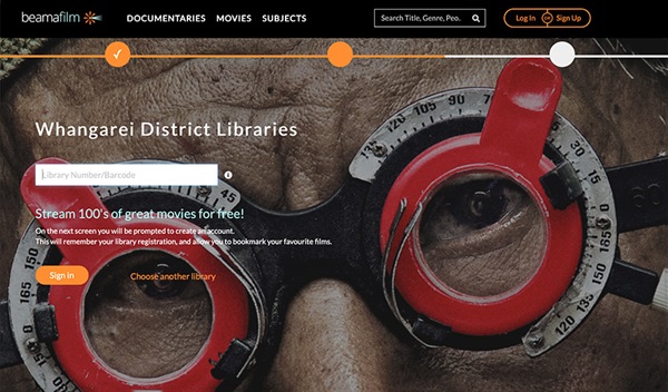 beamafilm login page for members fo Whangarei District Libraries. 
