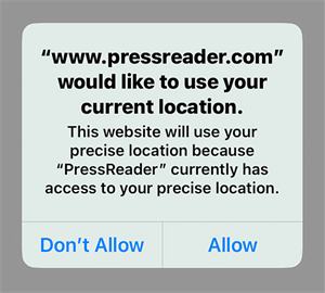 PressReader current location Don't Allow/Allow screen. 