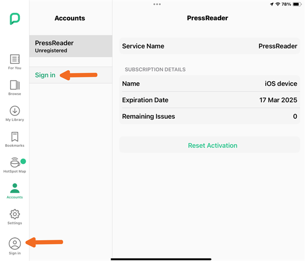 PressReader app screen with arrows pointing to sign in links. 
