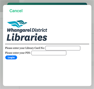 Log in to Whangarei District Libraries library card account screen. 