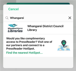 PressReader enter library name screen. 