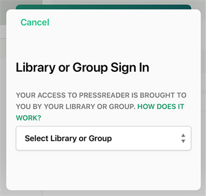 PressReader select Library or Group screen. 