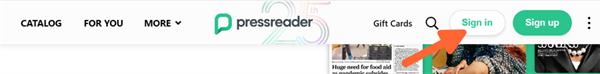 PressReader website banner with an arrow pointing to Sign in button. 