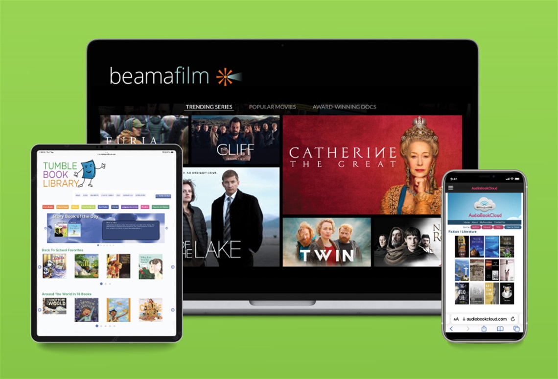 Picture of a laptop computer, tablet and mobile phone showing library streaming services on their screens. 