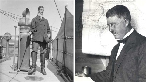 Photos of Hartley Travers Ferrar (left) as a geologist on the 'Discovery' during Scott's British National Antarctic Expedition 1901-1904; (right) undertaking soil surveys in Central Otago c.1928. 