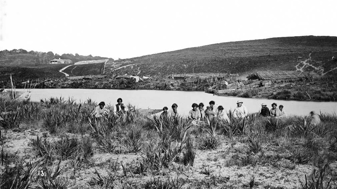 A Māori encampment at Helensville, Kaipara Harbour, 1863. Beere, Daniel Manders, 1833-1909: Negatives of New Zealand and Australia. Alexander Turnbull Library, Wellington. Ref: 1/2-096081-G. 