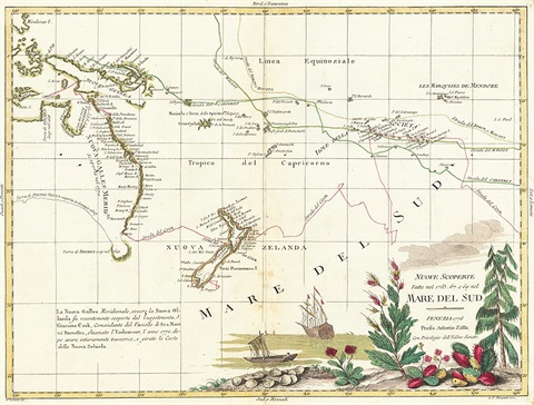 A map of Australia, New Zealand and the South Pacific drawn by Italian cartographer Antonio Zatta in 1776 showing the routes taken by explorers Cook, Cartaret, Wallis, Byron and Mouats. 