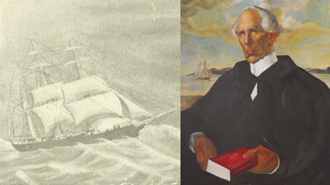 The Reverend Norman McLeod with a background drawing ofthe The barque 'Breadalbane,', one of the ships which brought the early settlers from Nova Scotia to New Zealand. 