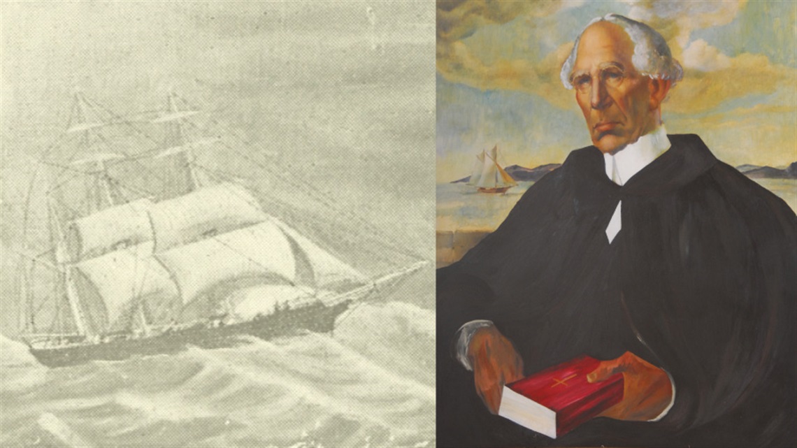 The Reverend Norman McLeod with a background drawing ofthe The barque 'Breadalbane,', one of the ships which brought the early settlers from Nova Scotia to New Zealand. 