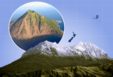 Picture of Maunga Hikurangi, Tairawhiti, New Zealand with an inset of Mehetia Island, Society Islands and a background map of the South East Pacific showing their positions. .