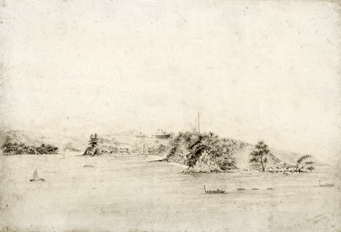 Pencil drawing of Government House on Okiato Point, Bay of Islands by Mathew Felton New Zealand 6 April 1840. Alexander Turnbull Library, Wellington 22331599. 