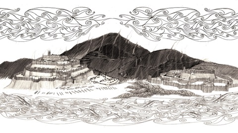Drawing of a pa fortress at Parihaka, Whangārei in pre-European times. 