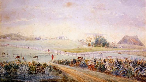 View of Te Waimate Mission Station with Poka Mie Hill in the distance C1845 by Cyprian Bridge. Source: Alexander Turnbull Library, Ref: ATL A-079-036. 