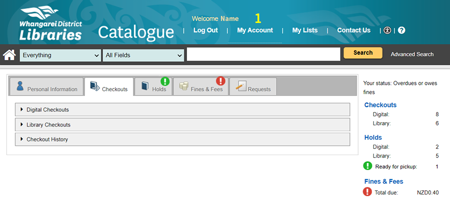 Image of my account section showing the current status of a library card account. 