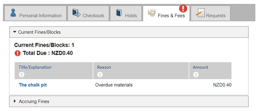 Image showing fees and fine tab in my account. 