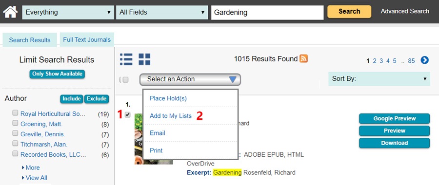Image of showing how to an item to add to a my list in the library catalogue. . 