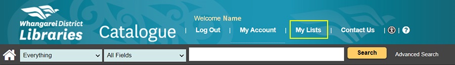 Image showing my lists link on library catalogue top navigation banner. 