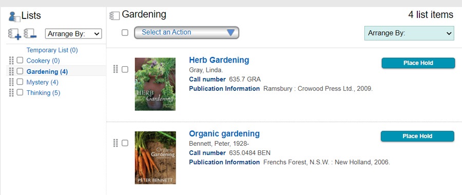 Image of a lists page in the library catalogue. 