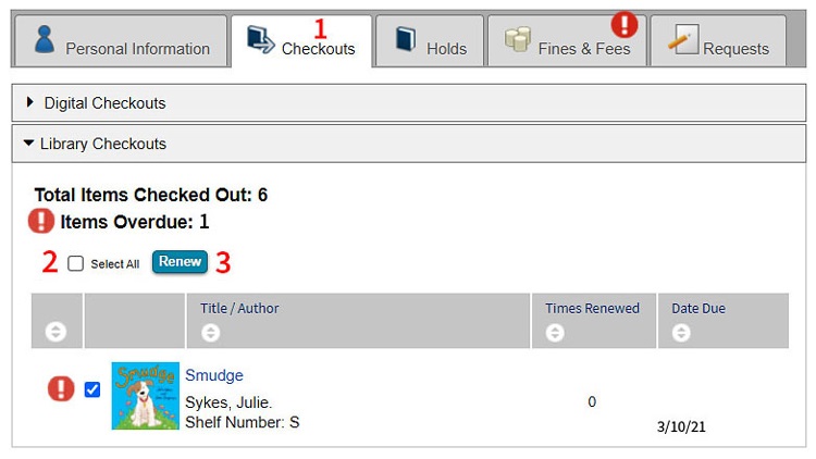 Image showing how to renew library loans using my library account. 