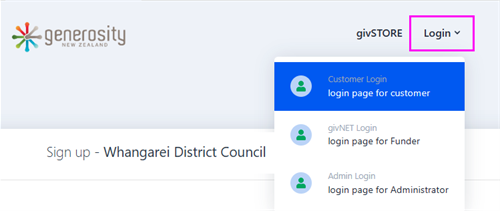 Picture of Generosity login screen.