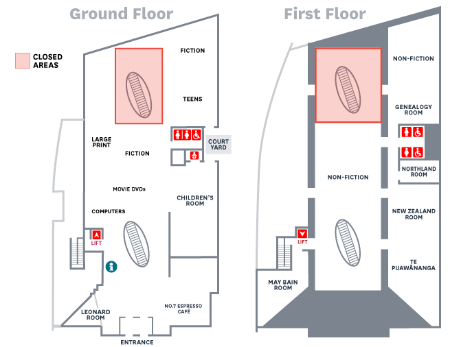 Floor plans of Whangārei Central Library showing areas that wull be closed to the public while the roof is repaired.