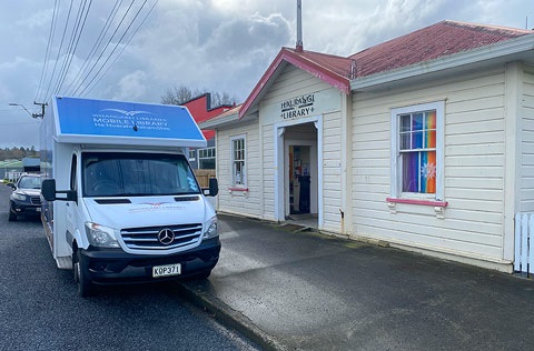 The Mobile Library parked outside Hikurangi Community Library. 