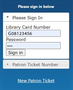 Picture of the sign in to My Monitor with a library card number and PIN. 