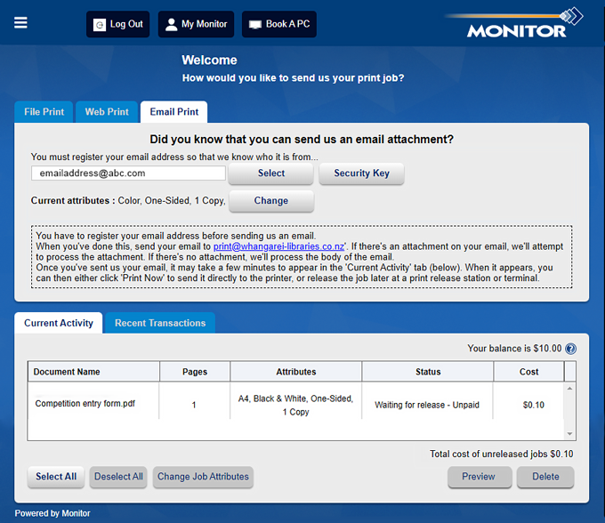 Picture of the My Monitor print window showing an active Email Print tab