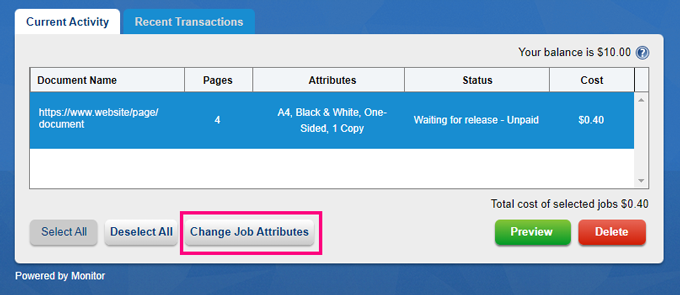 Picture of My Monitor Web Print window showing the Current Activity tab. 