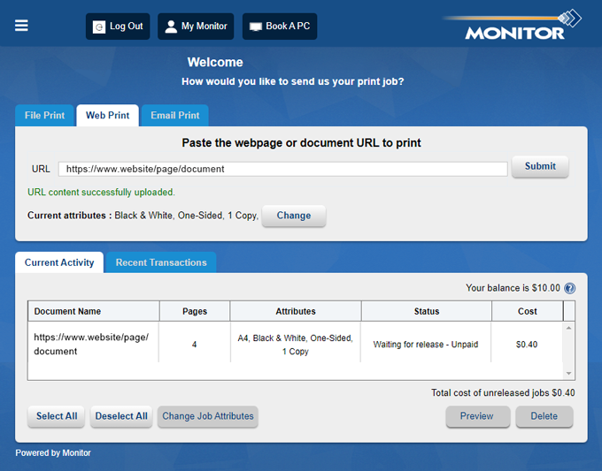 Picture of My Monitor window showing an active Web Print tab. 