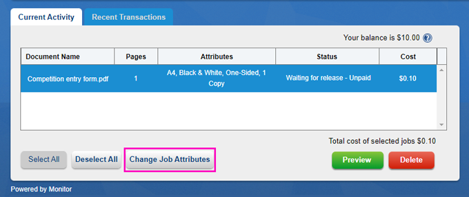 Picture of My Monitor current activity window showing an uploaded file selected for printing. 