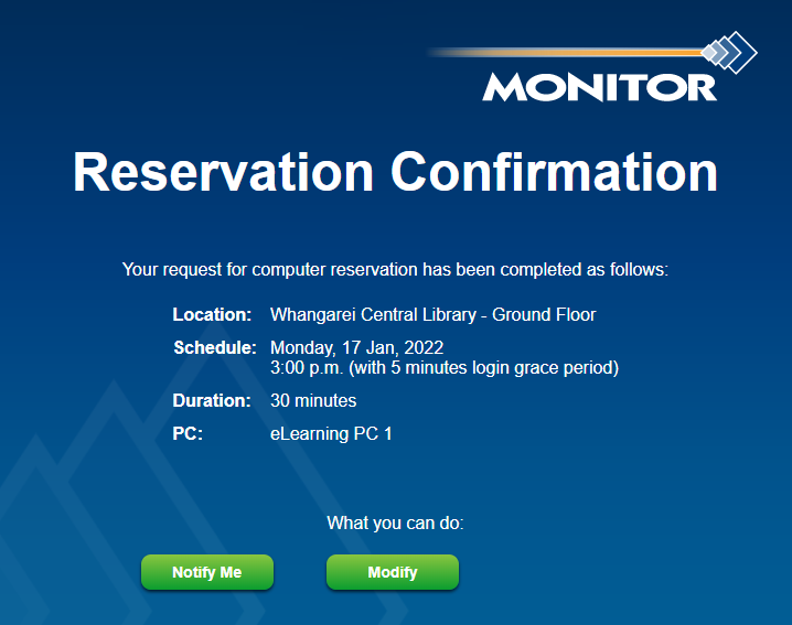 Picture of My Monitor computer reservation confirmation. 
