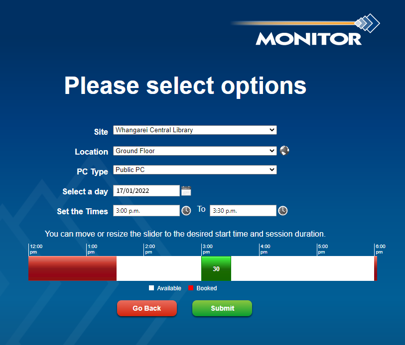 Picture of My Monitor reserve a computer select date and time window. 