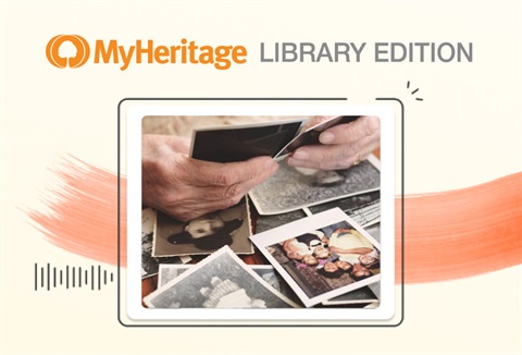 MyHeritage Library Edition logo and picture of old photographs.  